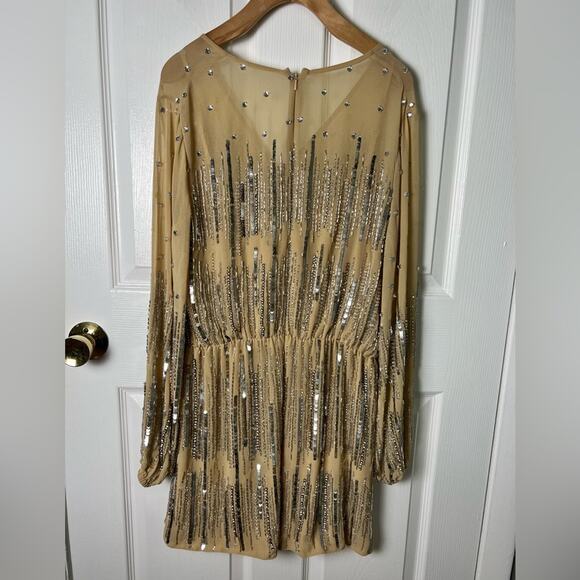 Mac Duggal Beaded Sequin Long Sleeve V Neck Surplice Neck Romper 10563 Nude 10 - Picture 10 of 12